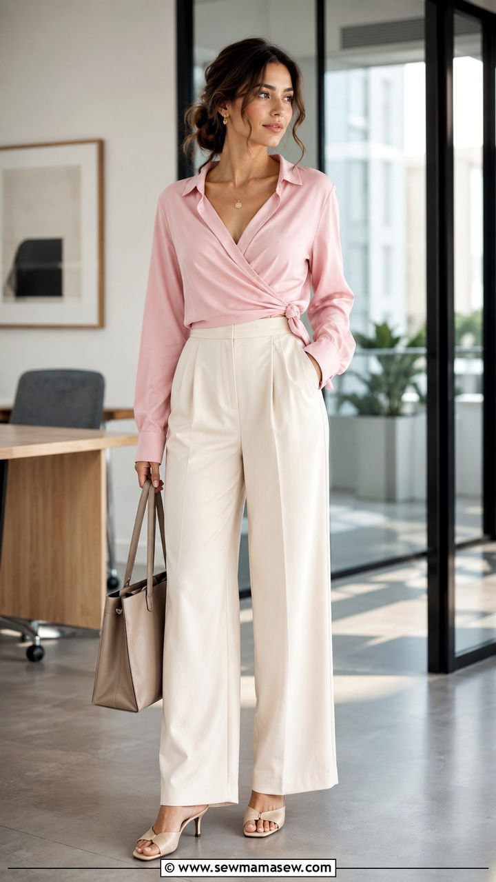 Pink Wrap Top with Wide Leg Trousers - 30 Pink outfit ideas for work