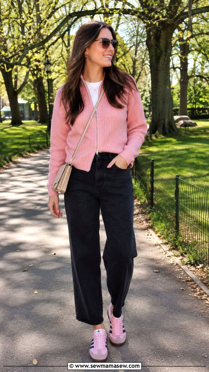 Pink Zip Sweater With Dark Denim And Sporty Sneakers - 30 transitional everyday outfits for women