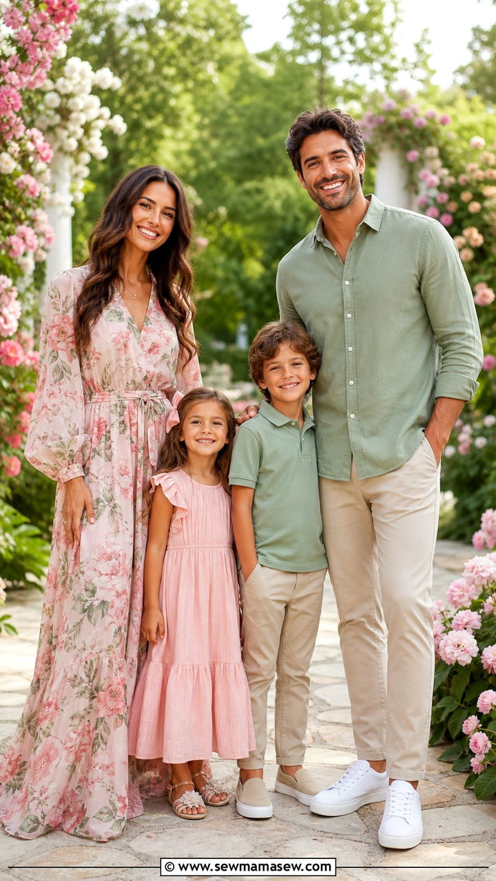 Pink and Green Floral Coordination - 40 Spring family photo outfits