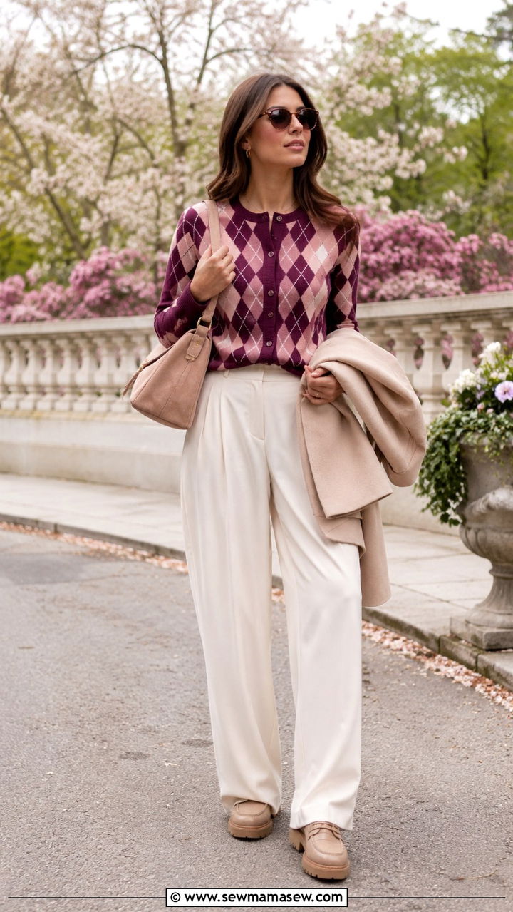 Pink and Plum Argyle Cardigan with Wide Leg Trousers - 25 Old money outfit ideas with argyle sweater