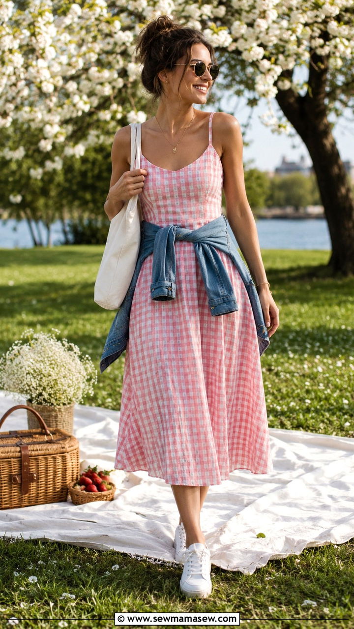 Pink and White Gingham Dress with Sneakers - 30 Pastel pink outfit ideas spring