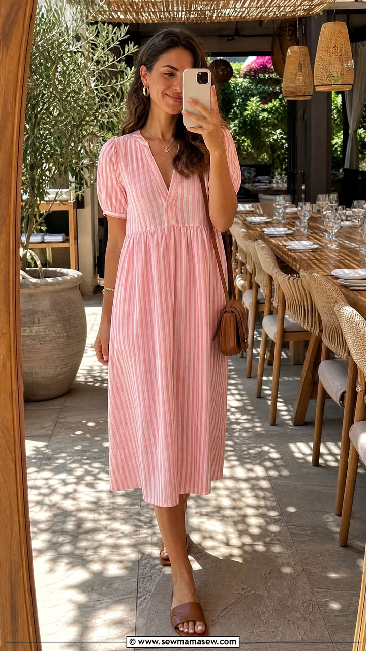 Pink and White Striped Dress With Flat Slides - 30 Summer outfits in pink