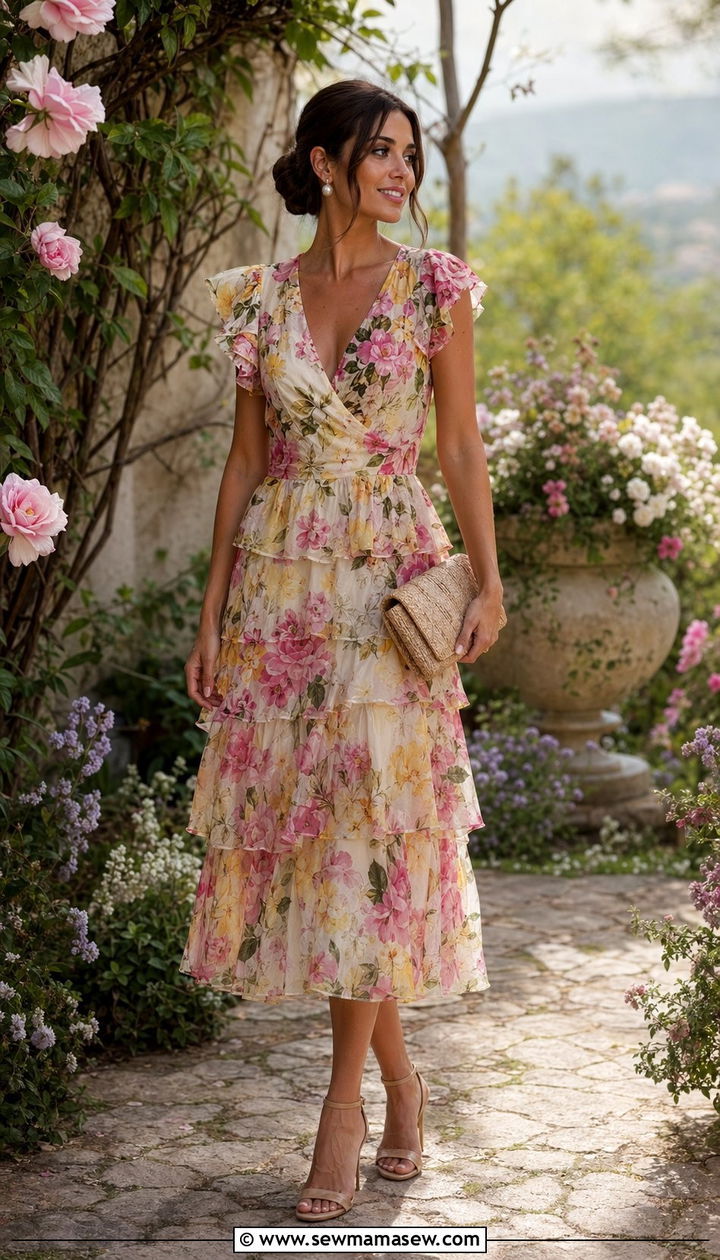 Pink and Yellow Floral Midi Dress - 30 Yellow and pink outfit ideas