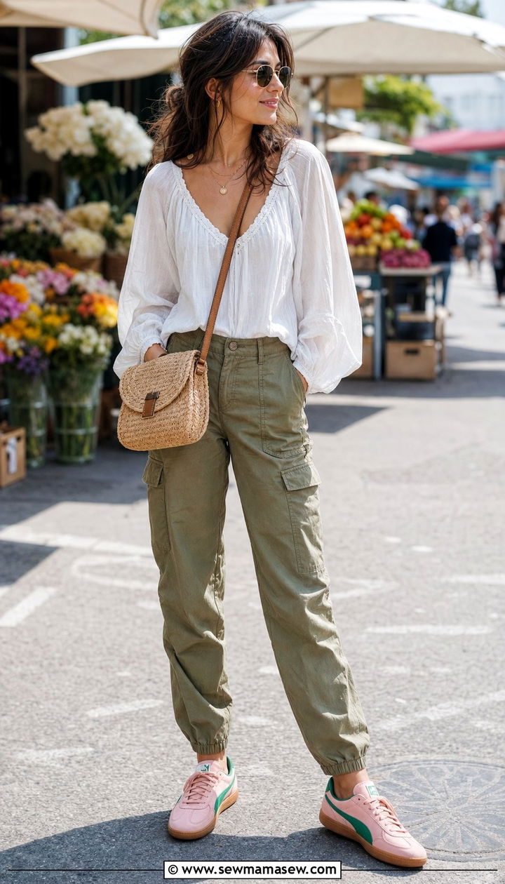 Pink and green Palermo with lightweight cargo pants and peasant top - 25 Sporty chic outfit ideas with Puma Palermo