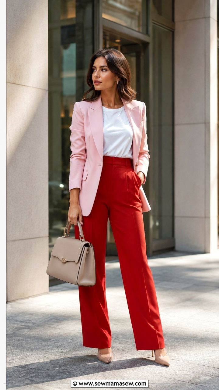 Pink blazer and red trousers - 25 Red and pink outfit ideas