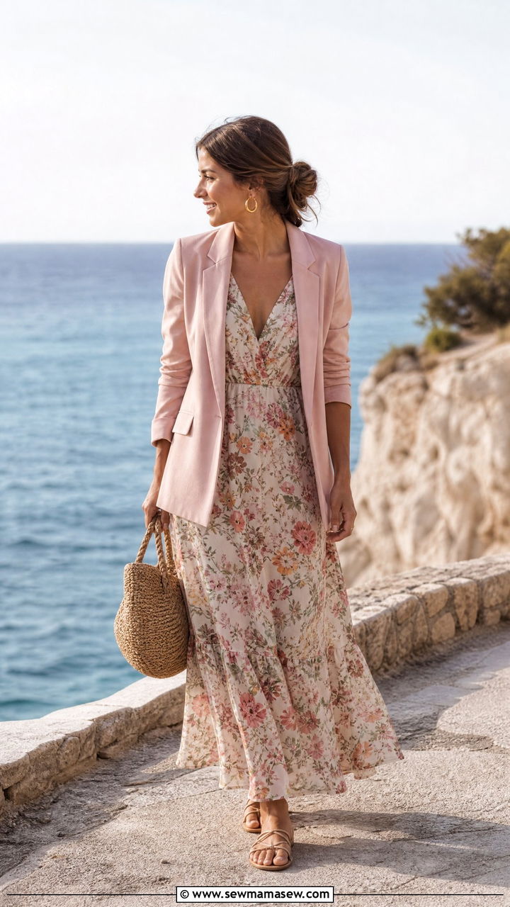 Pink blazer with floral maxi dress - 25 How to style a blazer for a wedding