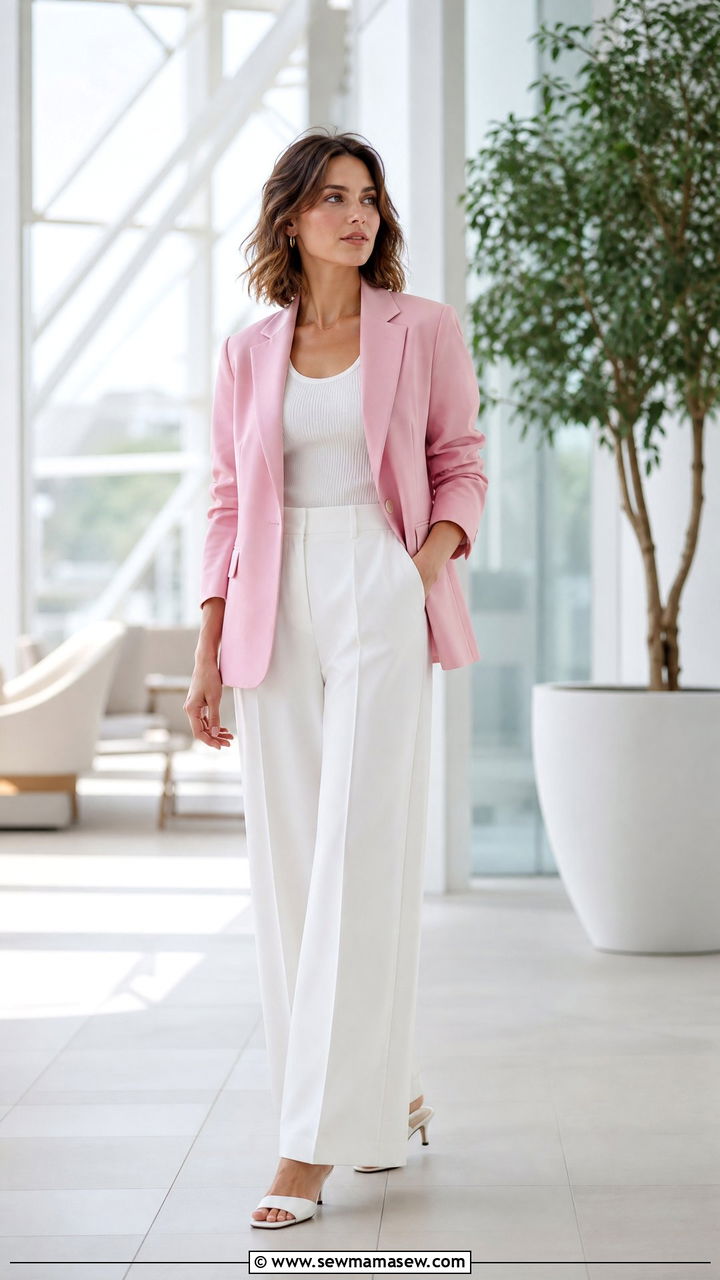 Pink blazer with white trousers and tank top - 25 How to style a blazer in summer