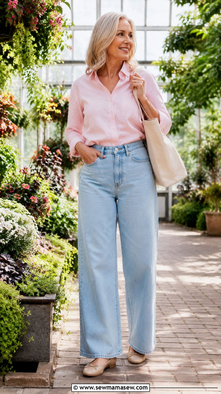 Pink button down and light blue wide leg jeans over 50 - 20 How to style wide leg jeans over 50