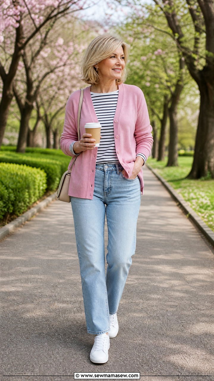 Pink cardigan layered over striped shirt - 35 Mature woman outfit ideas