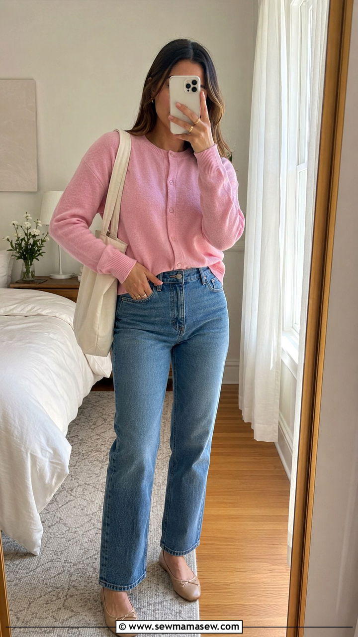 Pink cardigan with straight leg jeans and ballet flats - 25 Polished spring outfit ideas 2026