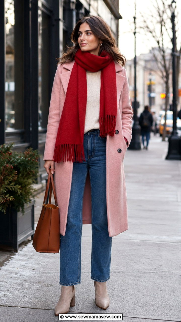 Pink coat and red scarf outfit - 25 Pink and red outfit ideas