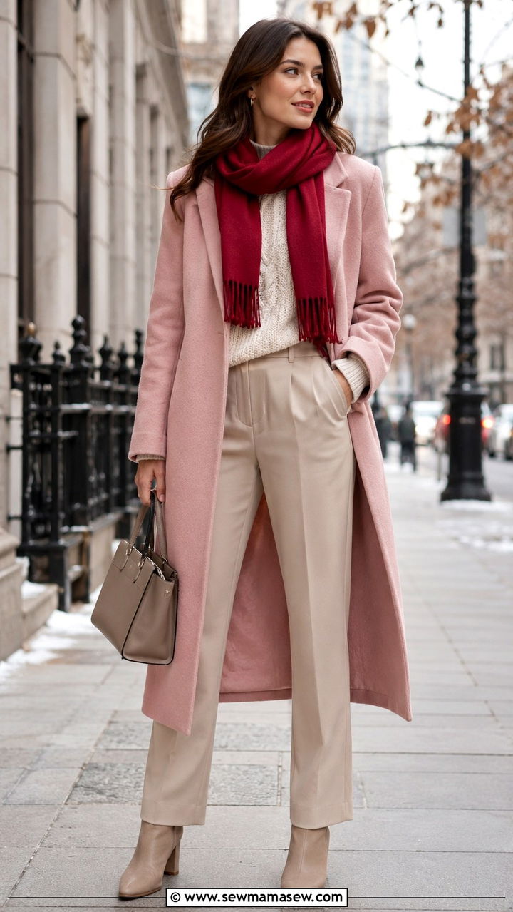 Pink coat and red scarf with neutrals - 25 Red and pink outfit ideas