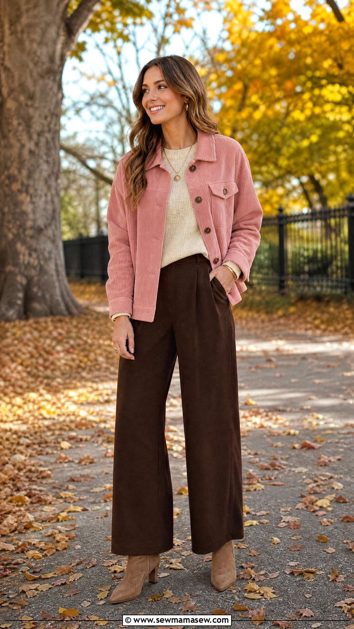 Pink corduroy jacket with brown trousers - 40 Pink outfit ideas