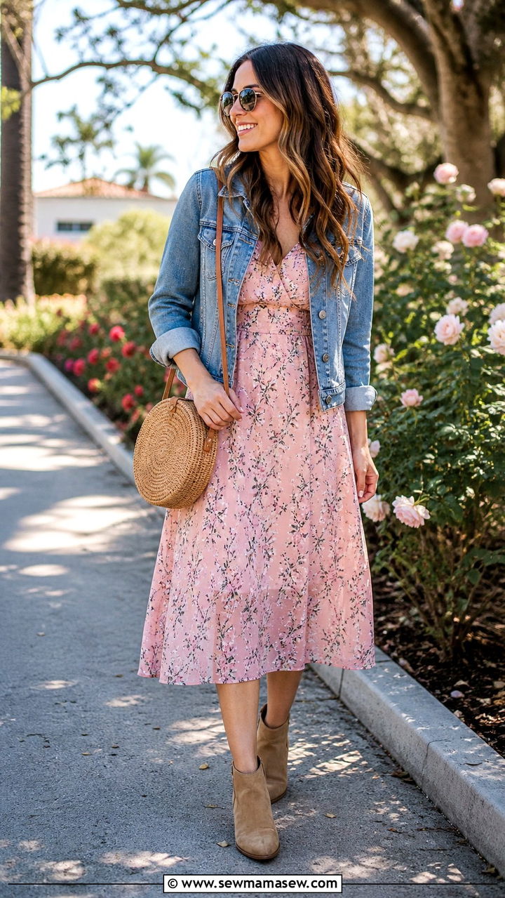 Pink floral dress with denim jacket - 40 Pink outfit ideas