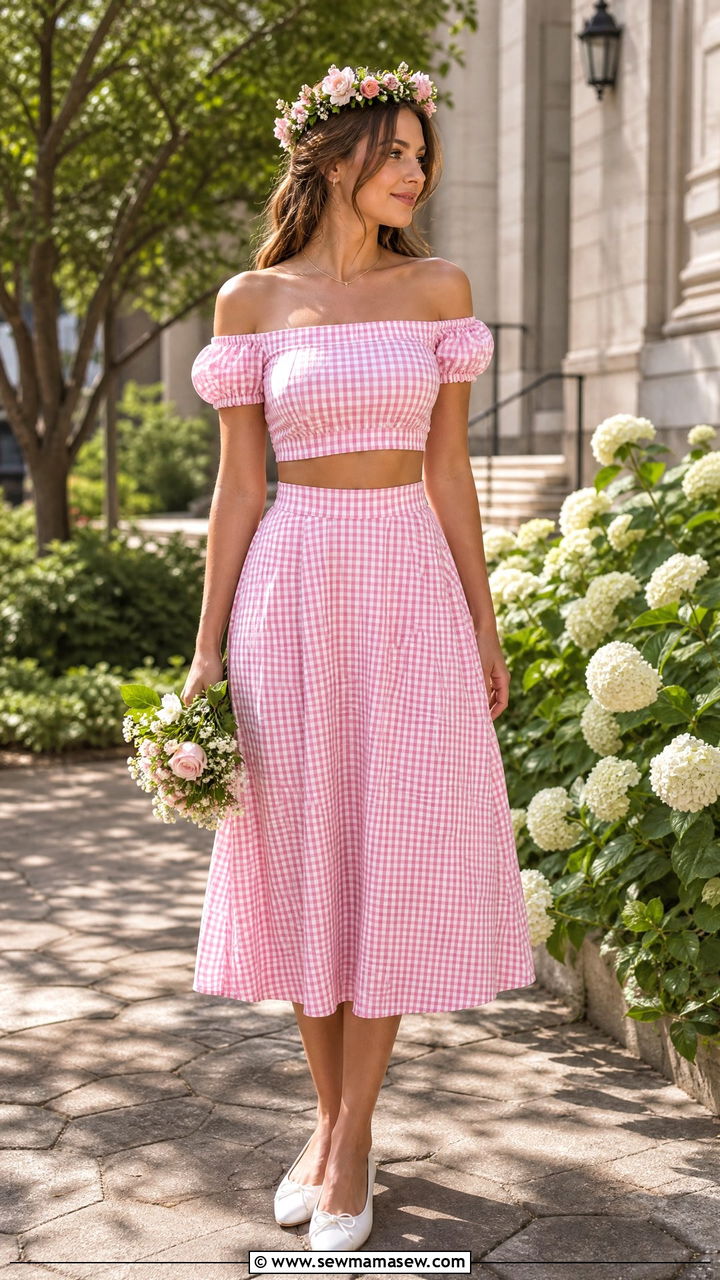 Pink gingham two piece set Bardot wedding - 25 Brigitte Bardot outfit ideas