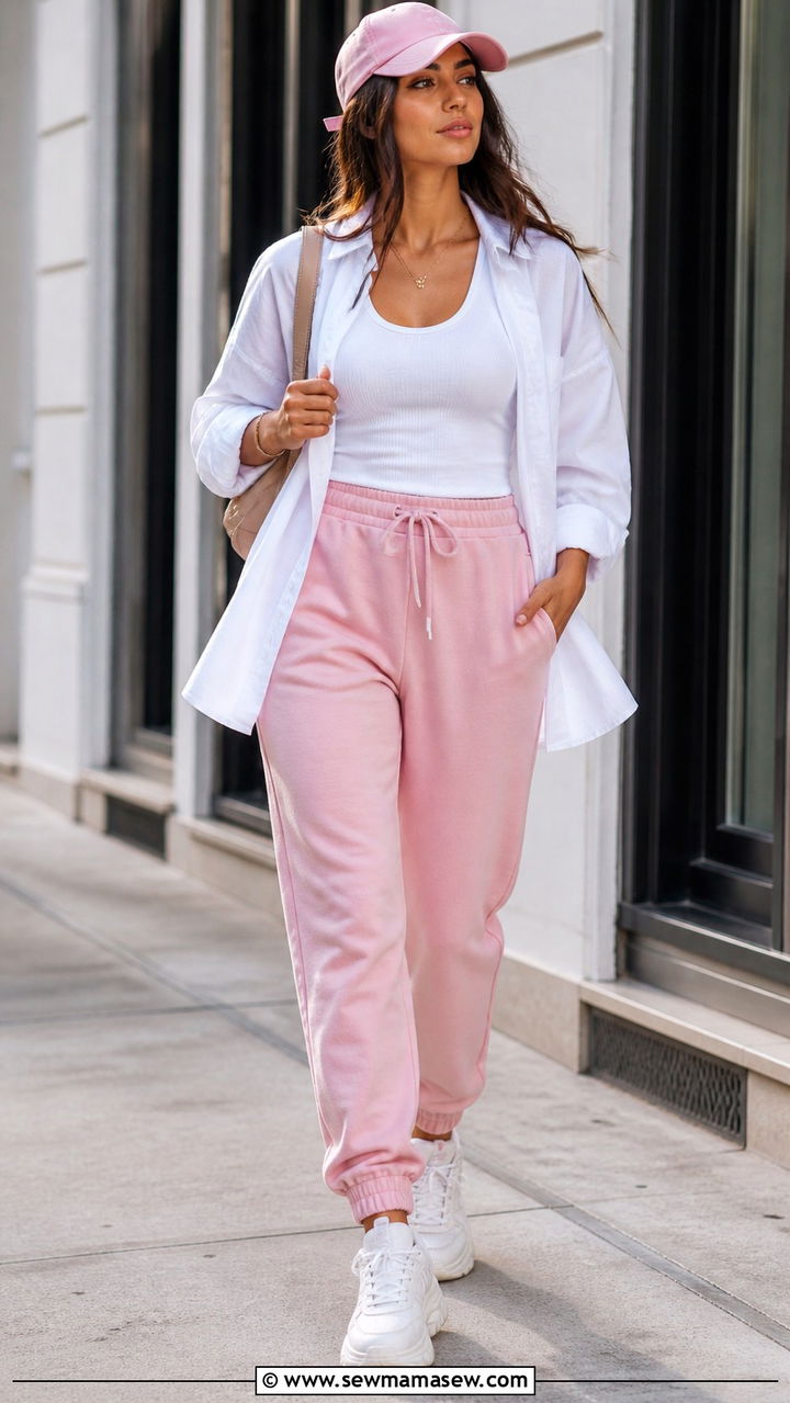 Pink joggers with fitted white tank and oversized shirt - 40 Pink outfit ideas