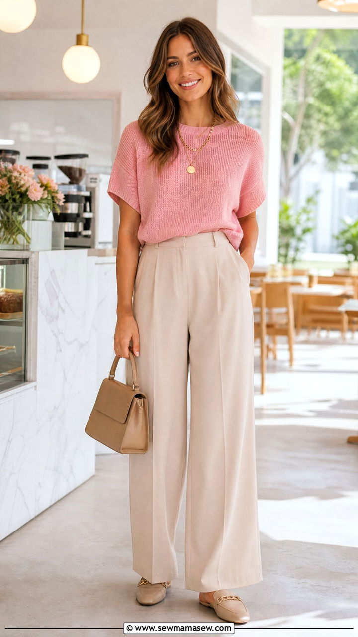Pink knit top with beige wide leg pants - 40 Pink outfit ideas