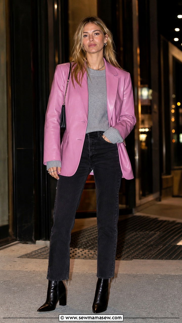 Pink leather blazer with gray knit and black jeans - 40 Pink outfit ideas