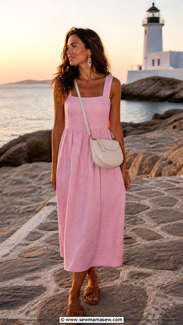 Pink linen midi dress with shell earrings for Mykonos - 40 What to wear in Mykonos