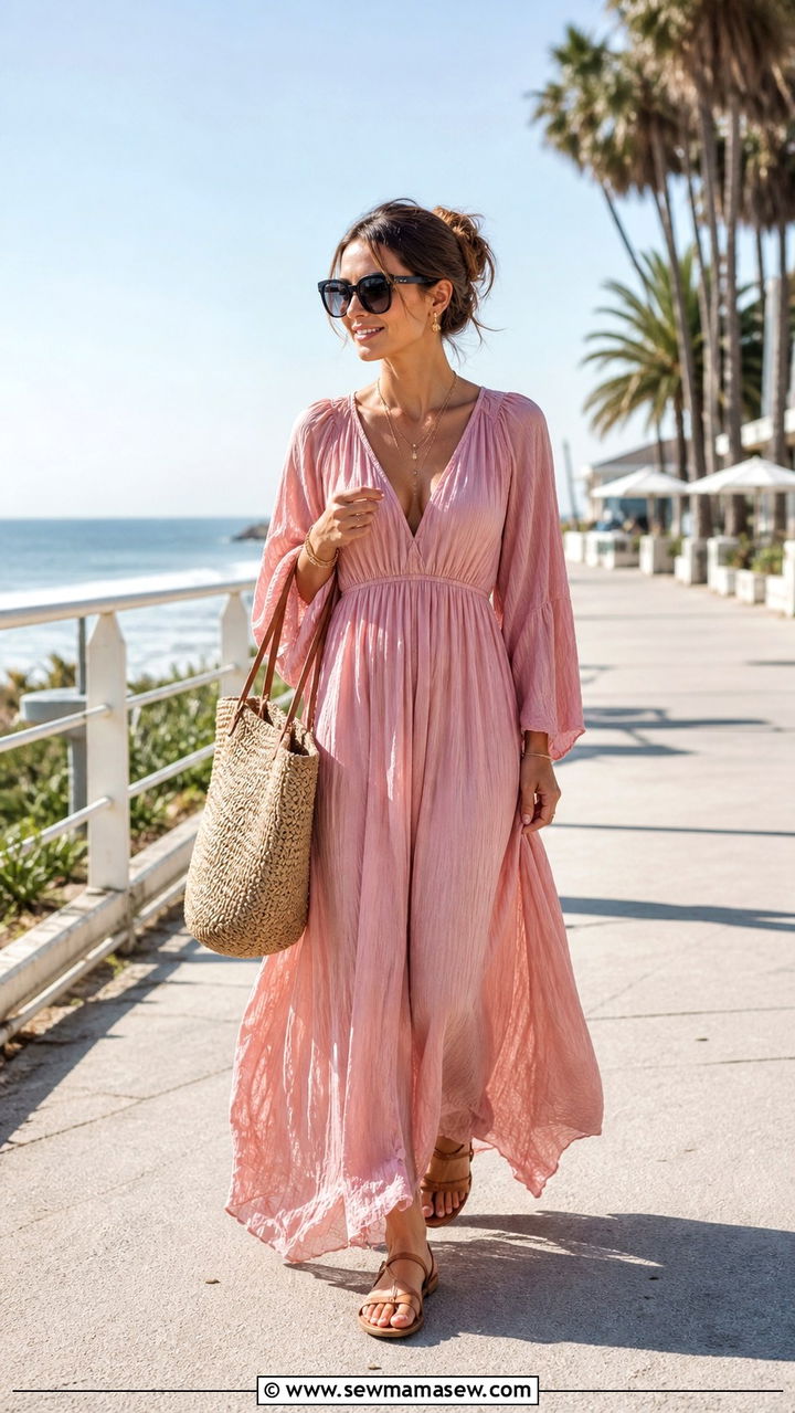 Pink maxi dress with strappy sandals - 40 Pink outfit ideas
