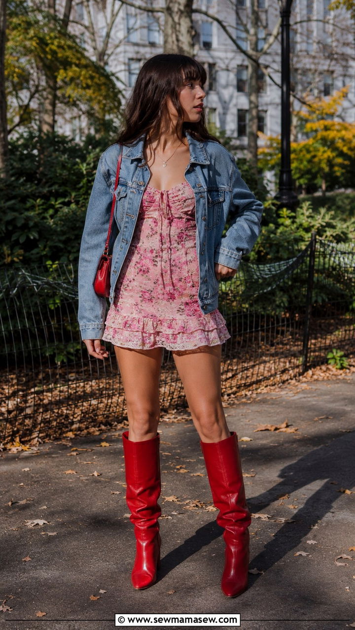 Pink mini dress and red knee high boots - 25 Red and pink outfit ideas