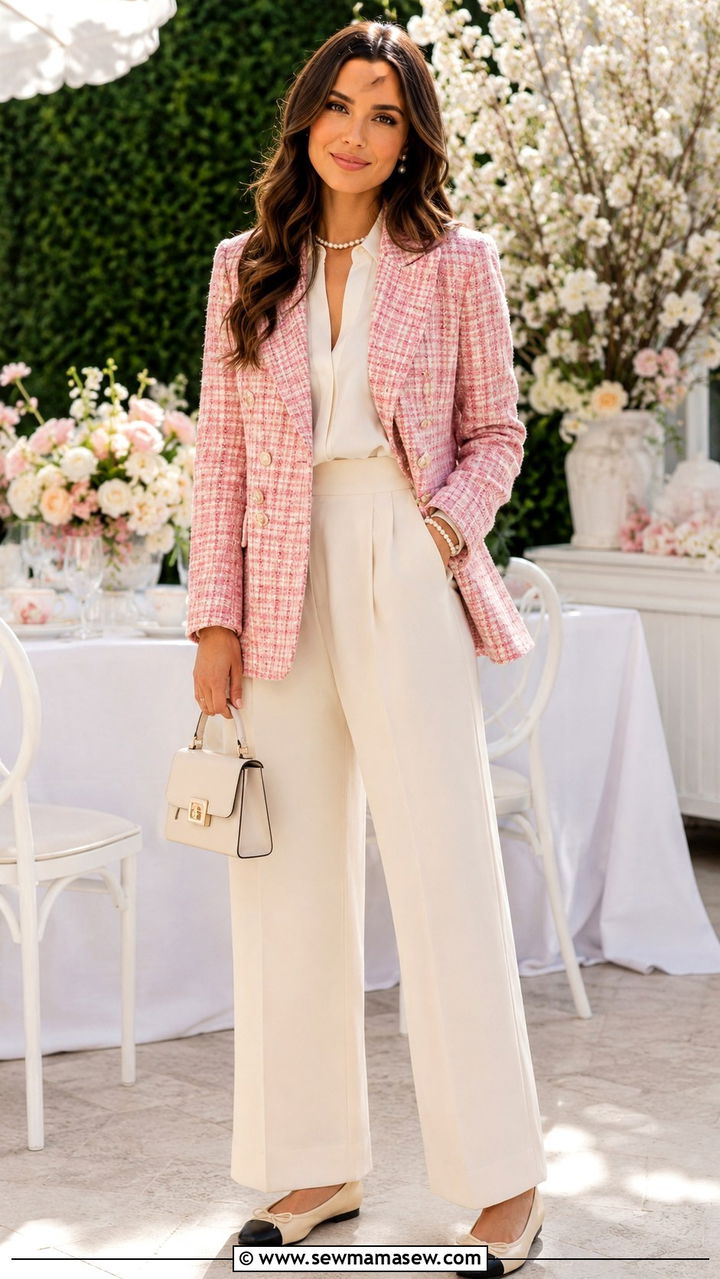 Pink plaid blazer with cap toe ballet flats and mini bag - 30 preppy outfits for women