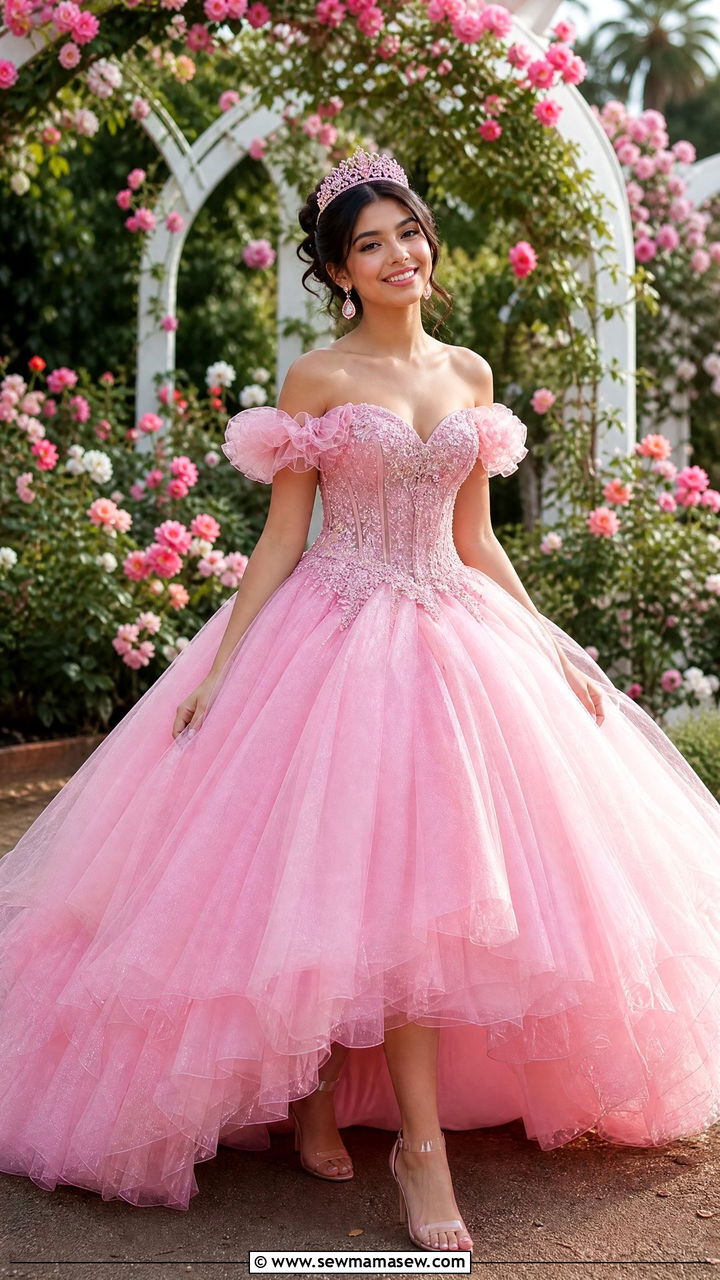 Pink princess quinceanera dress with crystal tiara - 25 Quinceanera outfit ideas