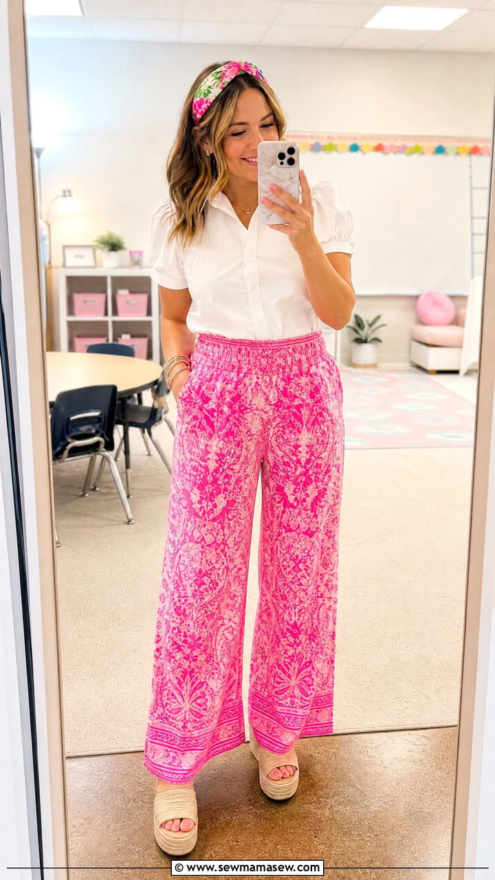 Pink printed pants and white blouse teacher outfit - 30 summer teacher outfit ideas