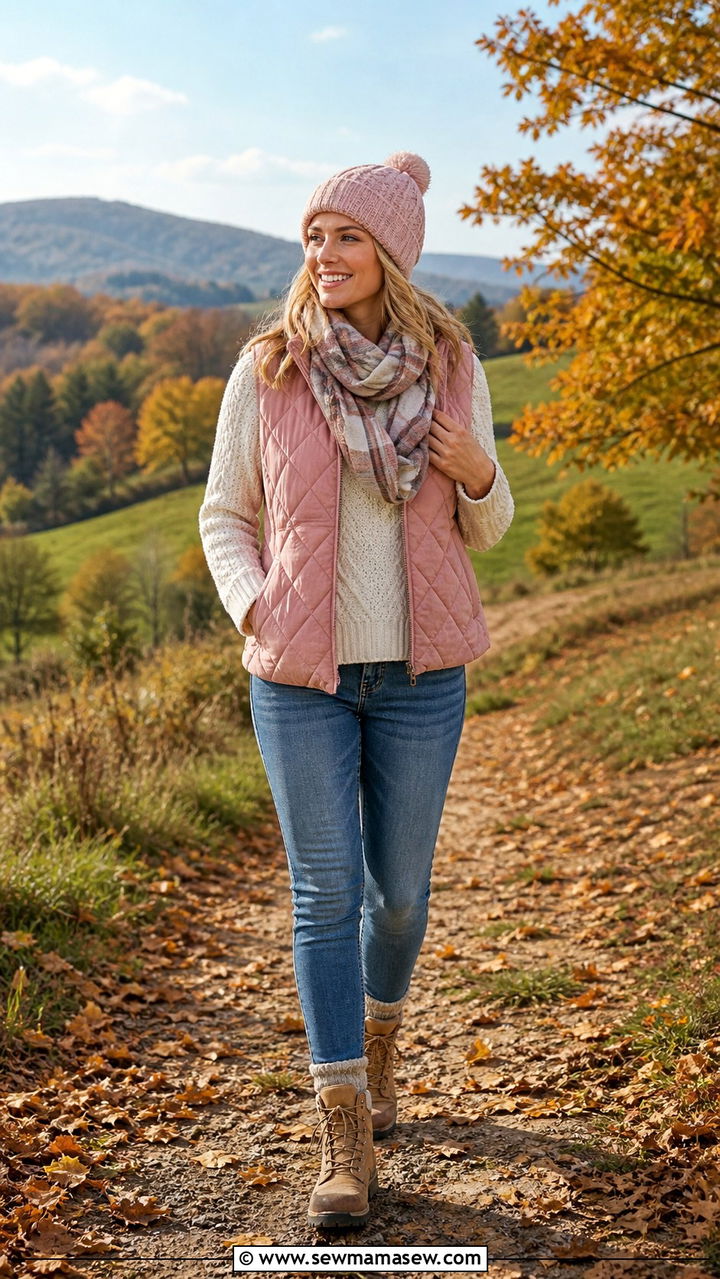 Pink quilted vest with cream knit and jeans - 40 Pink outfit ideas