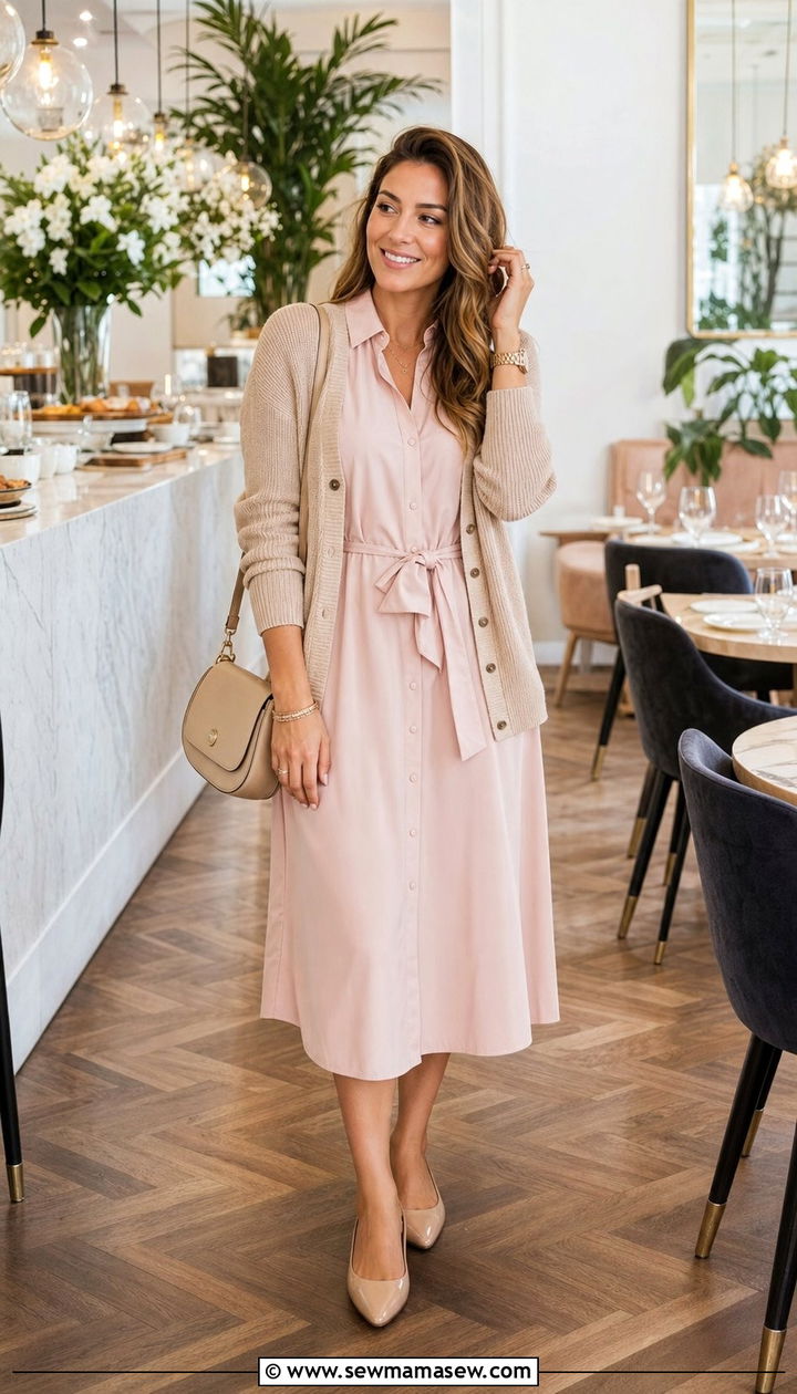 Pink shirt dress with beige cardigan - 25 Shirt dress outfit ideas with a cardigan