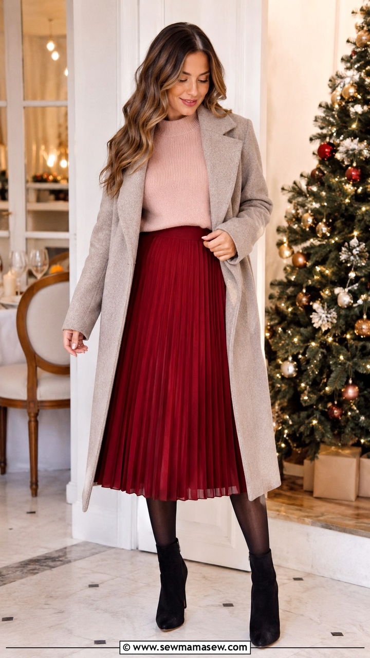 Pink sweater and red pleated skirt - 25 Red and pink outfit ideas