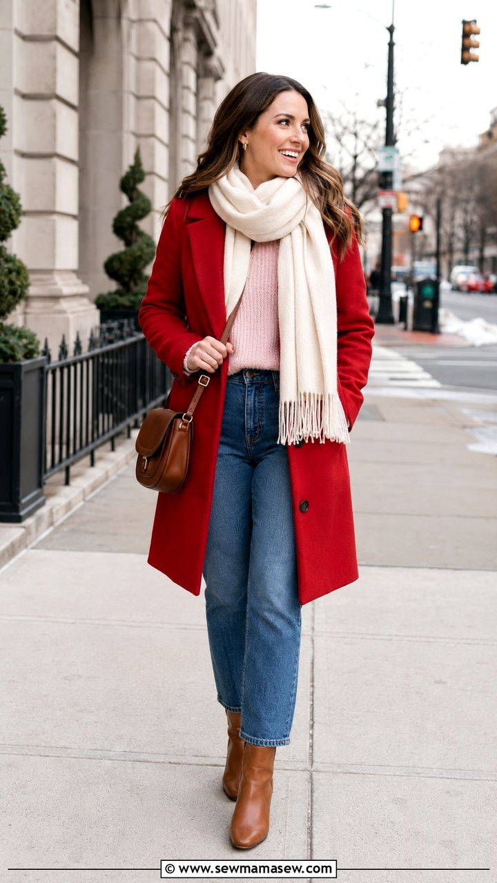 Pink sweater and red wool coat outfit - 25 Pink and red outfit ideas