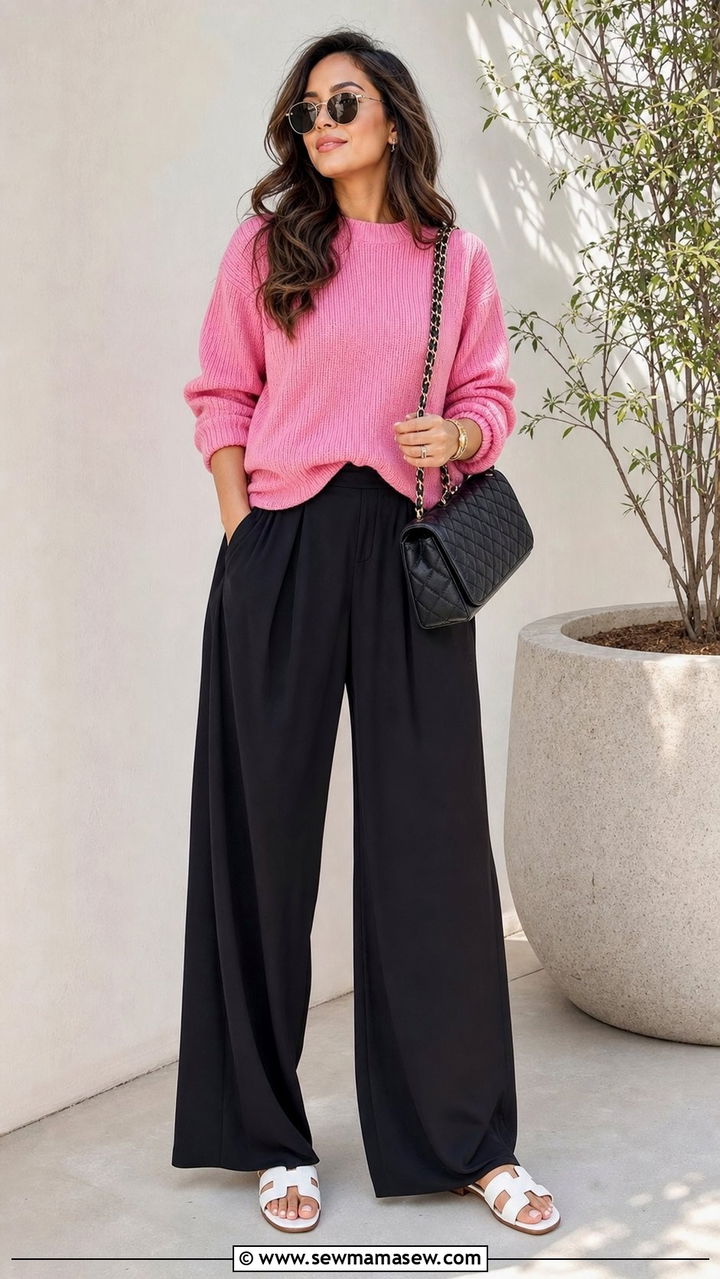 Pink sweater with black flowy pants and white sandals - 25 Sofia Richie spring outfit ideas