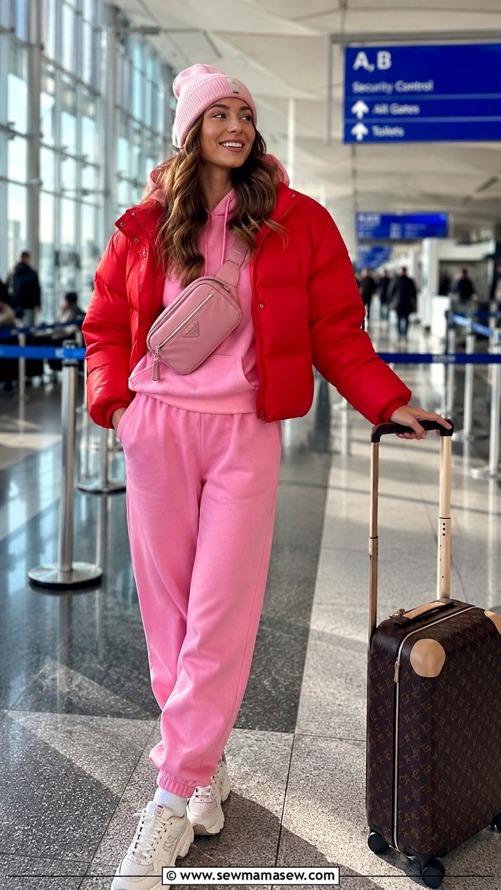 Pink sweatsuit and red puffer jacket outfit - 25 Pink and red outfit ideas
