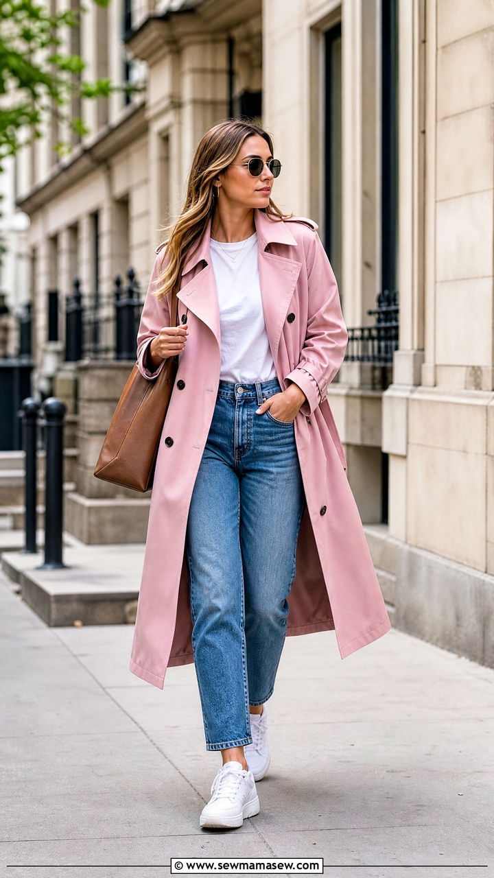 Pink trench coat with white tee and jeans - 40 Pink outfit ideas