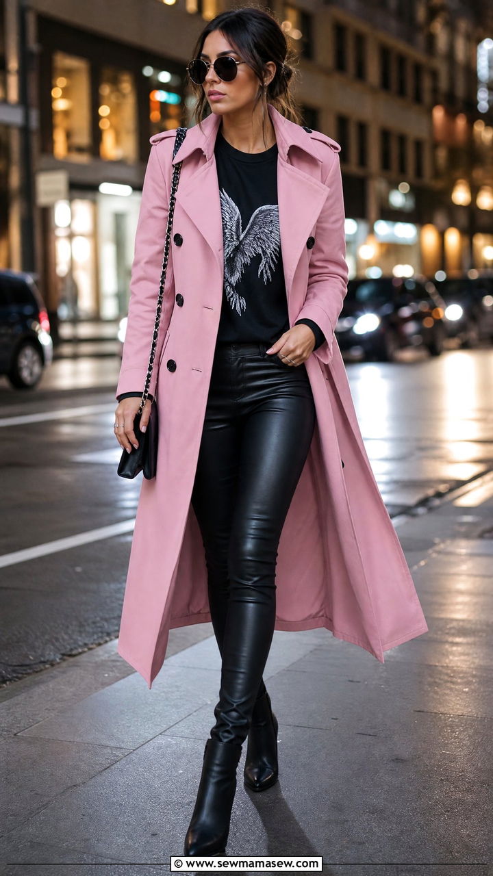 Pink trench with graphic tee and leather leggings - 40 Pink outfit ideas