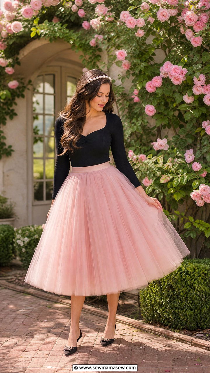Pink tulle midi skirt with fitted black top - 40 Pink outfit ideas