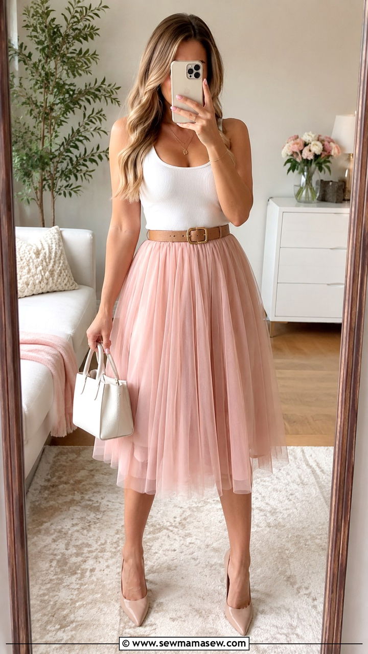 Pink tulle skirt and nude heels - 25 Tulle skirt outfit ideas with heels