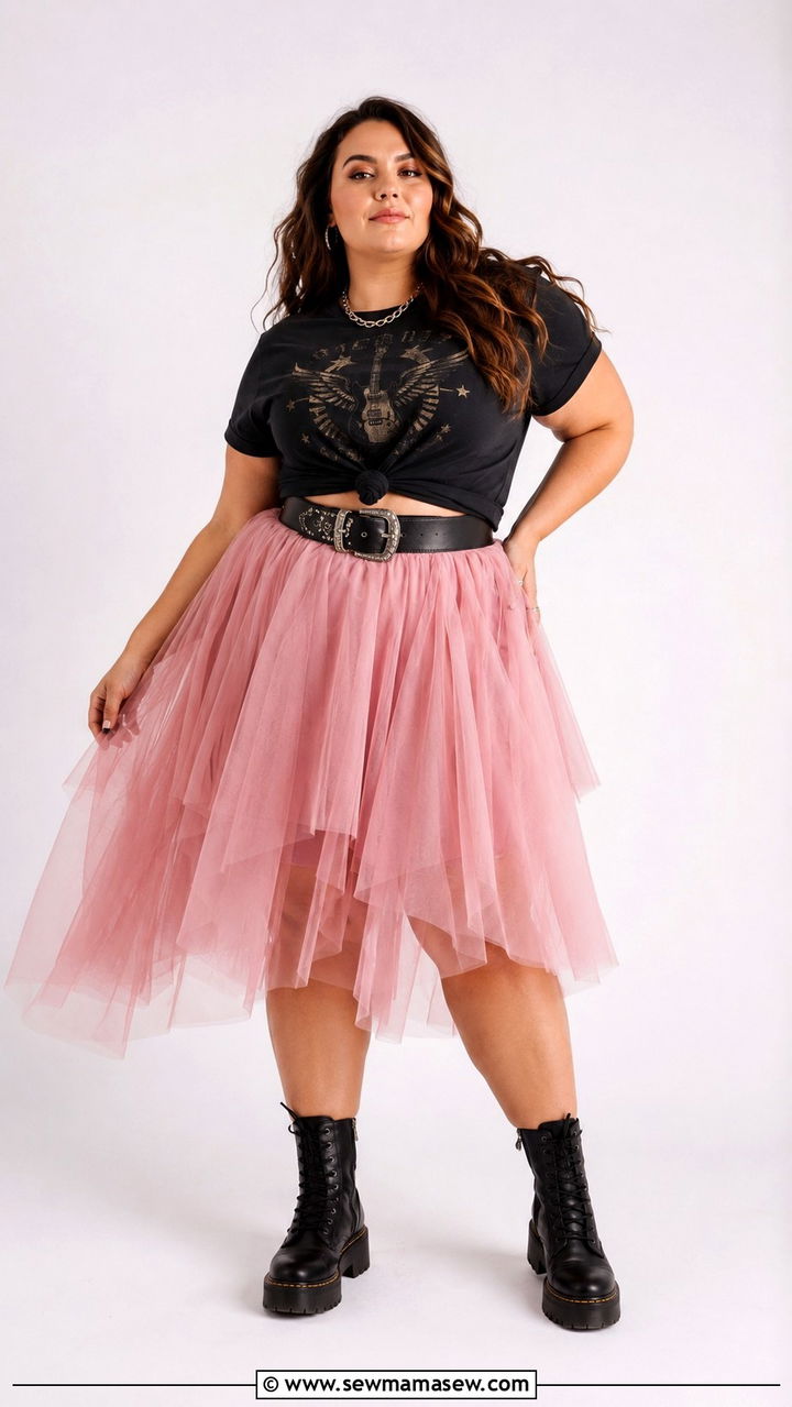 Pink tulle skirt with graphic tee outfit - 30 plus size country concert outfit ideas