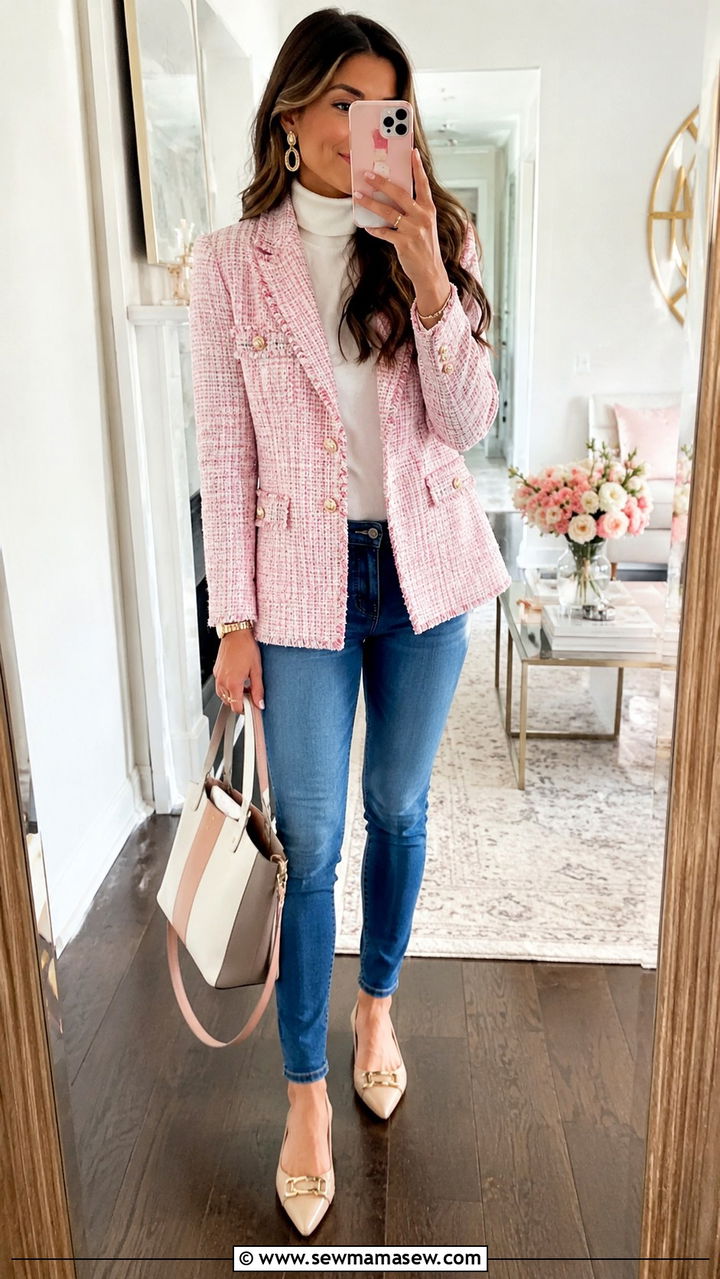 Pink tweed blazer with turtleneck and jeans outfit - 25 Outfit ideas for women over 40 casual 2026