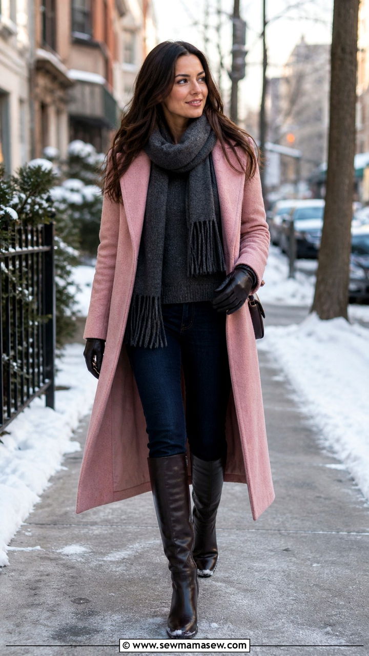 Pink wool coat with grey sweater and boots - 40 Pink outfit ideas