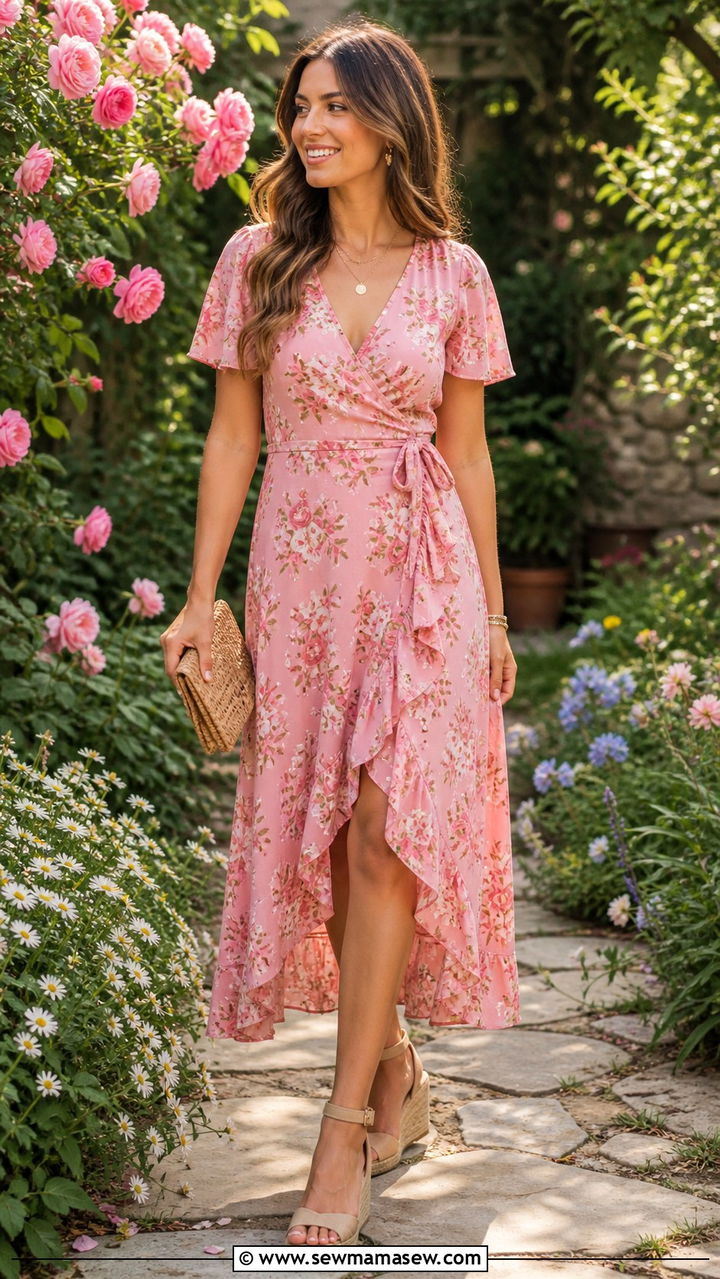 Pink wrap dress and pink espadrille wedges outfit - 40 Monochromatic outfit ideas