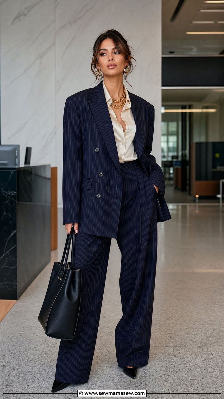 Pinstripe Baggy Suit with Chunky Gold Jewelry - 25 Glamoratti outfit ideas 2026