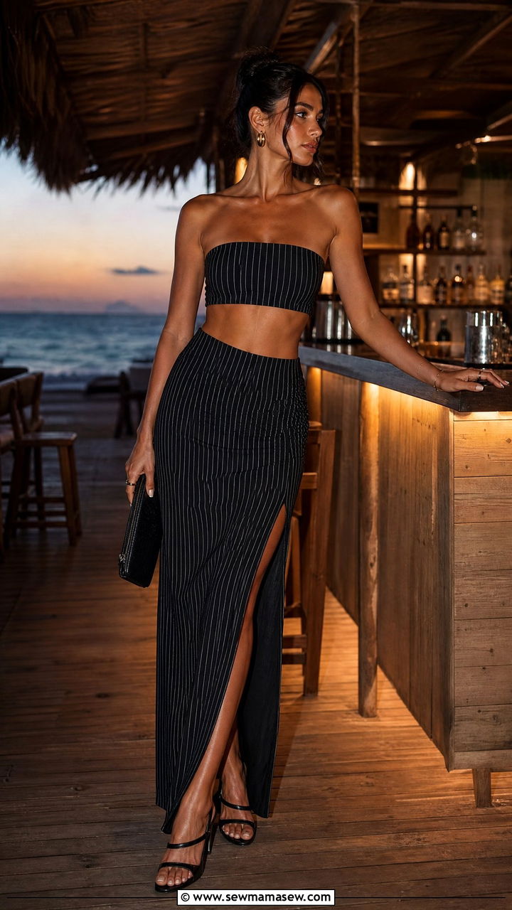 Pinstripe Bandeau And Maxi Skirt Beach Set - 30 Coord set outfit ideas for beach