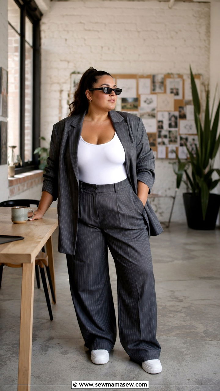 Pinstripe Blazer With A Graphic Bodysuit And Trousers - 30 Plus size outfit ideas with blazer