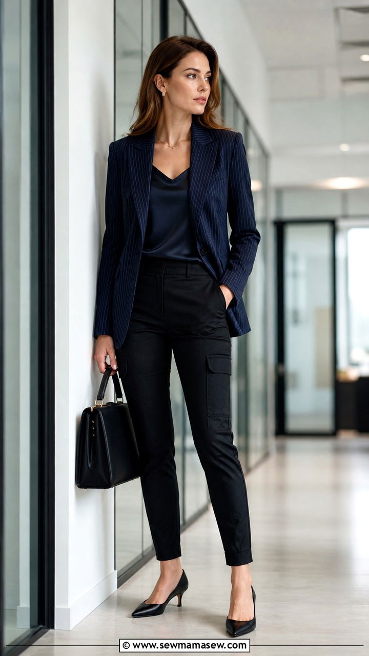 Pinstripe Blazer With Cargo Pants and Kitten Heels Outfit - 40 cargo pants outfit ideas for women