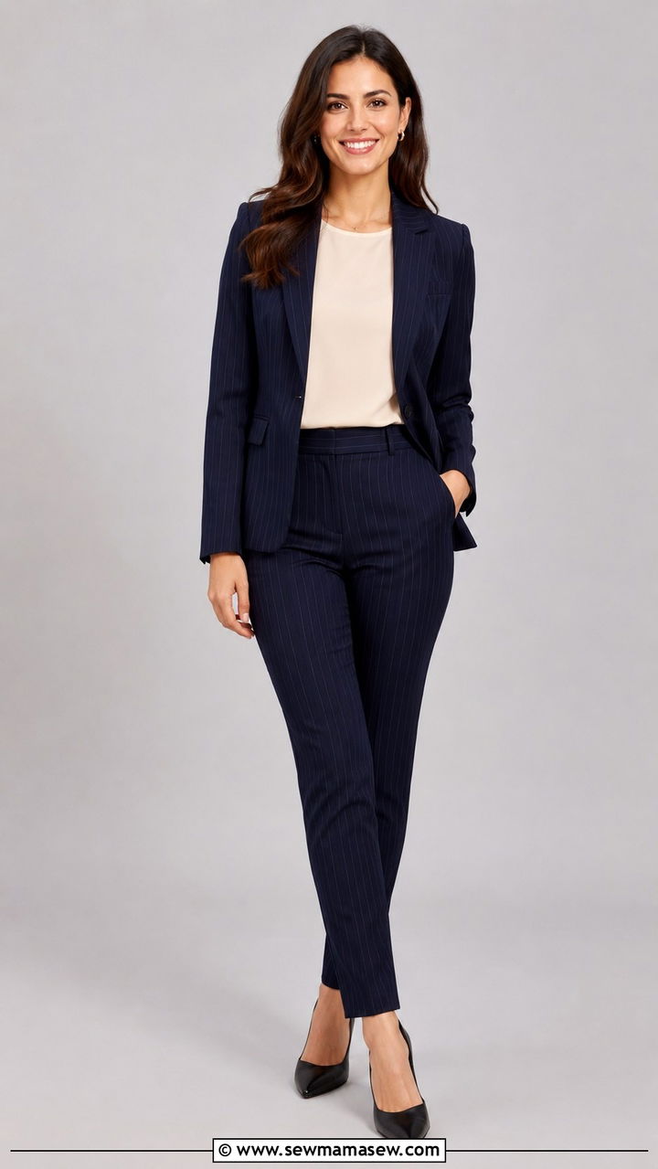 Pinstripe Blazer with Solid Neutral Top - 30 Professional headshot outfit ideas for women