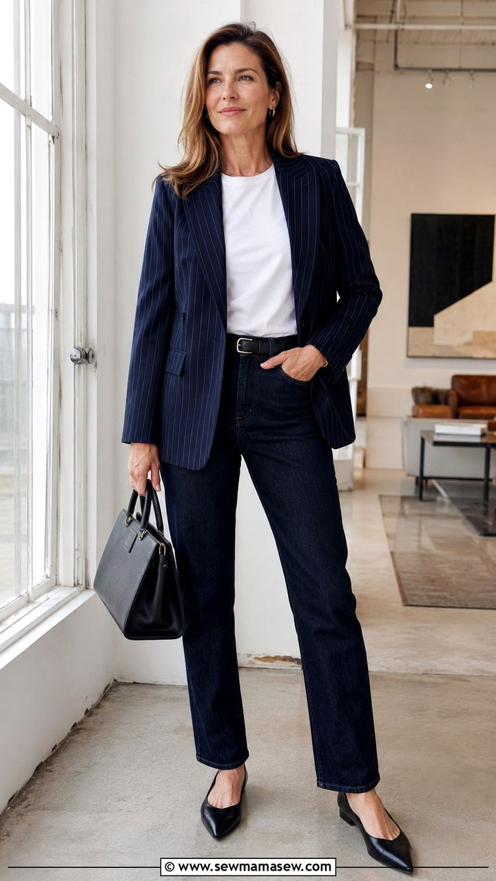 Pinstripe Blazer with White Tee and Dark Denim - 25 preppy outfit ideas for women over 40
