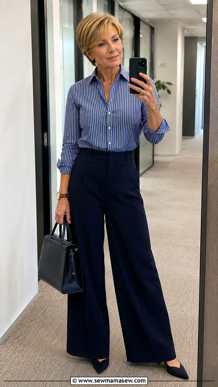 Pinstripe Button Down Shirt With Wide Leg Pants - 30 Petite outfits for women over 50