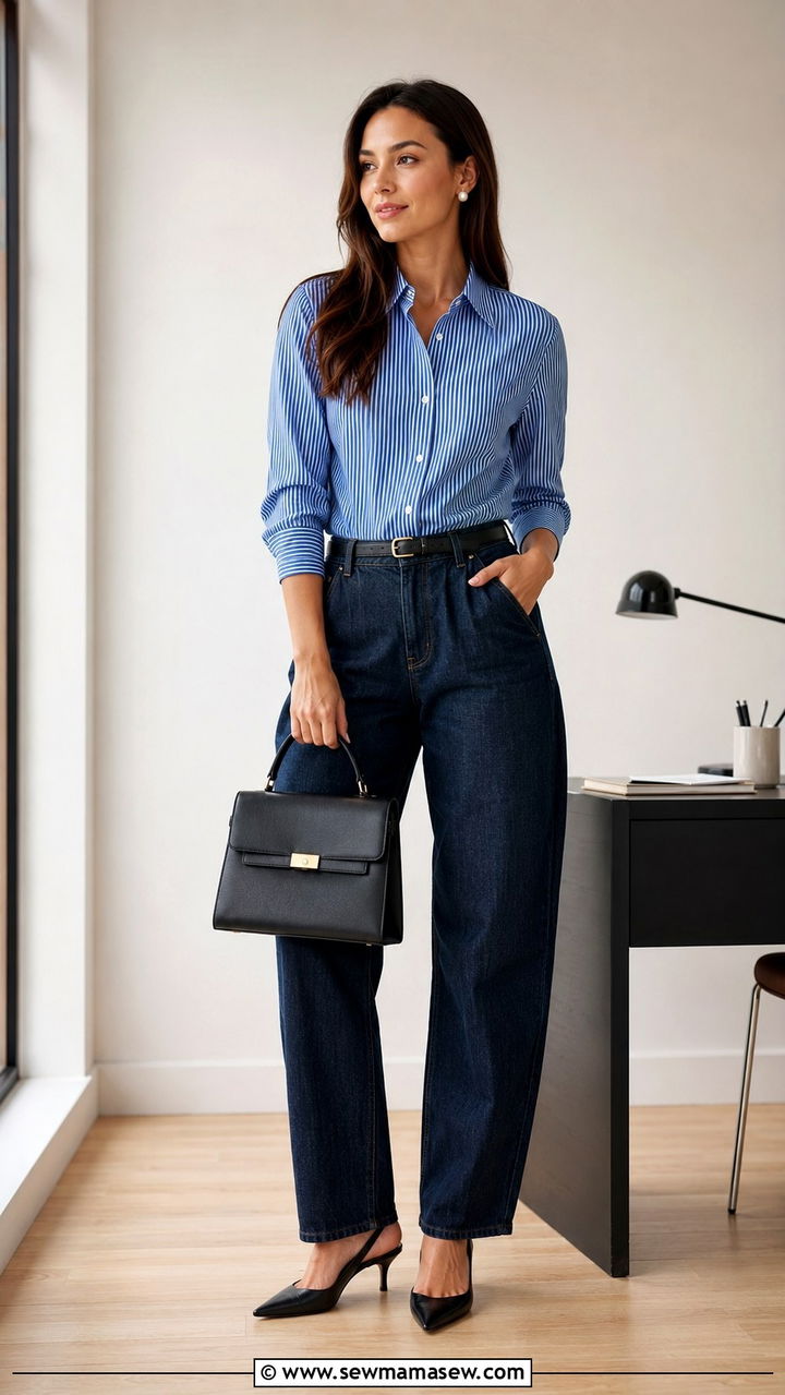 Pinstripe Button Down With Barrel Jeans and Kitten Heels - 25 Barrel jeans outfit ideas with a button down